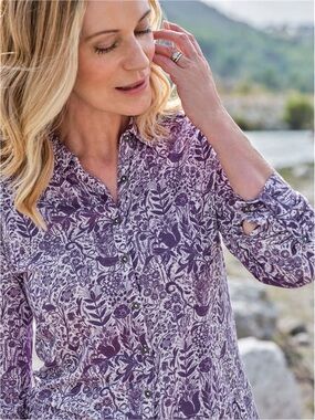 WoolOvers Organic Cotton Modal Purple Botanical Floral Button-Up Tunic Shirt. 22